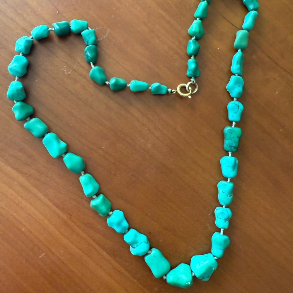 Vintage Turquoise Beaded Nugget Necklace With 14 Karat Gold Clasp, Hand knotted.
